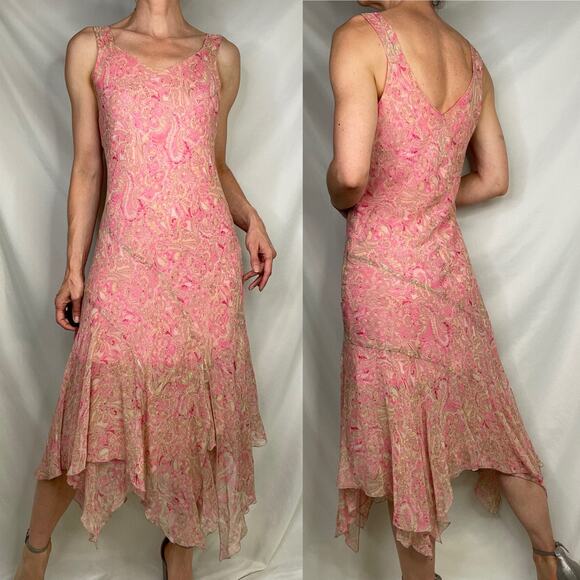 Vintage Y2K 100% silk fairy dress asymmetrical pink paisley print slip midi M - Picture 11 of 14